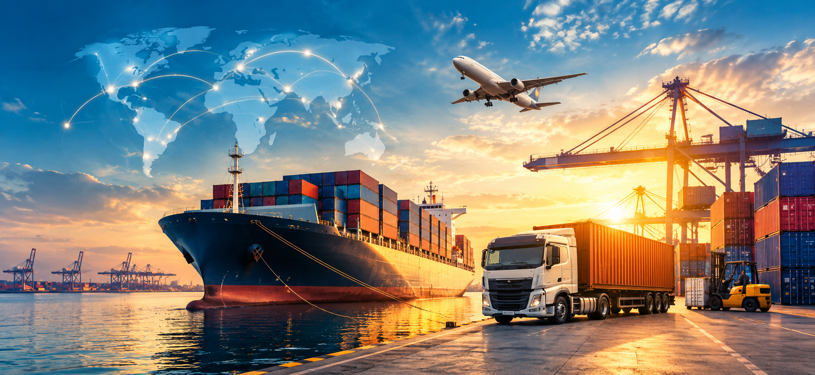 Global supply chain — container ship, cargo plane and freight truck at port, representing RK THAKUR SONS & CO.'s reliable spice supply network